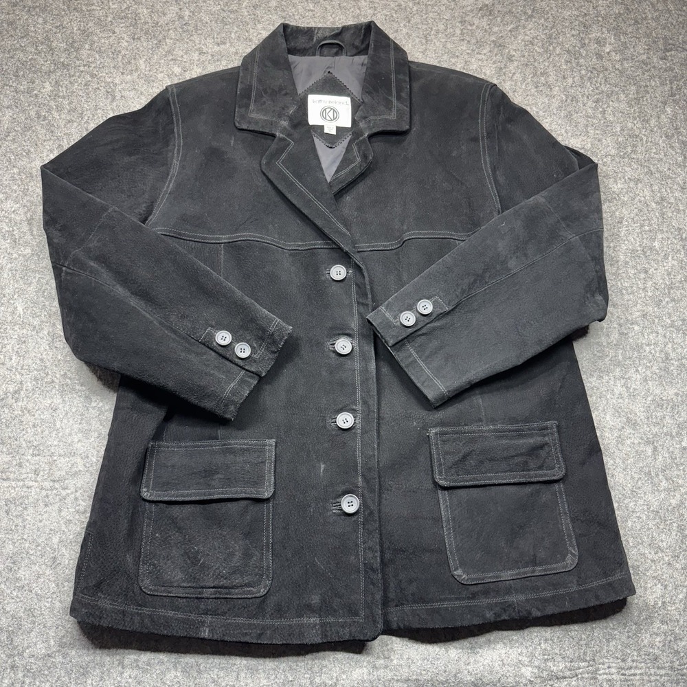 Kathy Ireland Women's XL Black Suede Leather‎ Jacket 4‑Button Front Flap Pockets